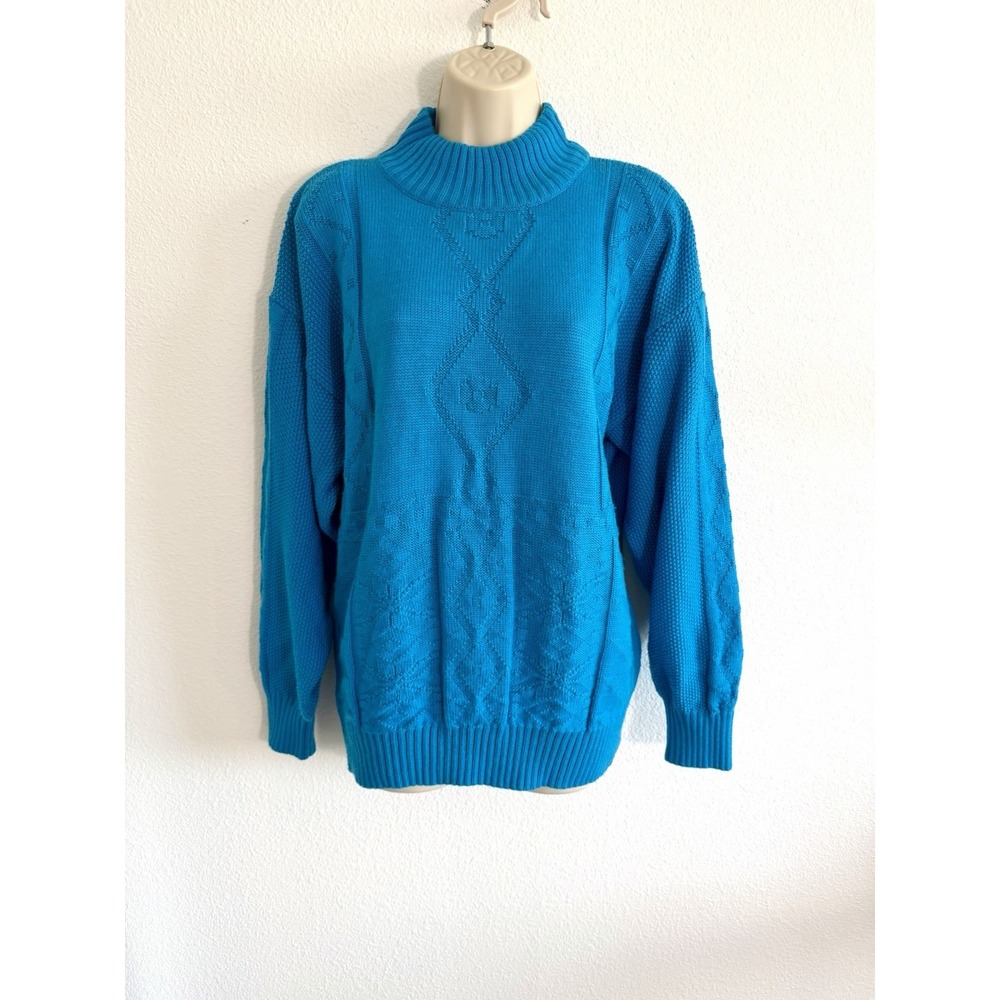 Vintage Ossi Skiwear Sweater Womens L Teal Blue Cable Knit Turtleneck 80s Retro